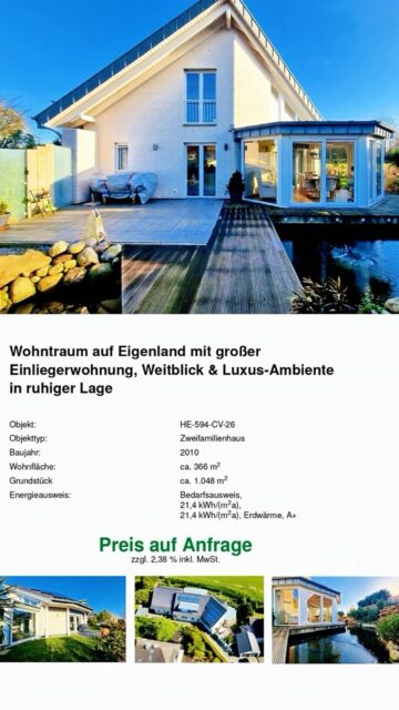 Auf einem 1.048 m² großen Eigenlandgrundstück bietet diese massiv gebaute Immobilie eine besondere Kombination aus zentraler Lage und angenehmer Ruhe. Direkt an einer Ausgleichsfläche gelegen, genießen Sie einen freien Blick auf eine Weide – ein Ausblick, der jeden Tag entschleunigt 😍
🏠 Objektdetails:
Wohnfläche: ca. 366 m²
Grundstück: ca. 1.048 m²
Zimmer: 10,5
Badezimmer: 5
⚡Energieausweisdaten:
Energieausweistyp: Bedarfsausweis
Endenergiebedarf: 21,4 kWh/(m²a)
Energieträger: Erdwärme
Effizienzklasse: A+
Baujahr: 2010
Jetzt Besichtigungstermin vereinbaren!
